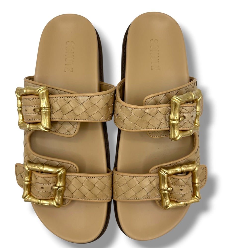 Schutz Atanado Tan Woven Leather Bamboo Buckle Slide Sandals Molded Bed 11B - Picture 7 of 11